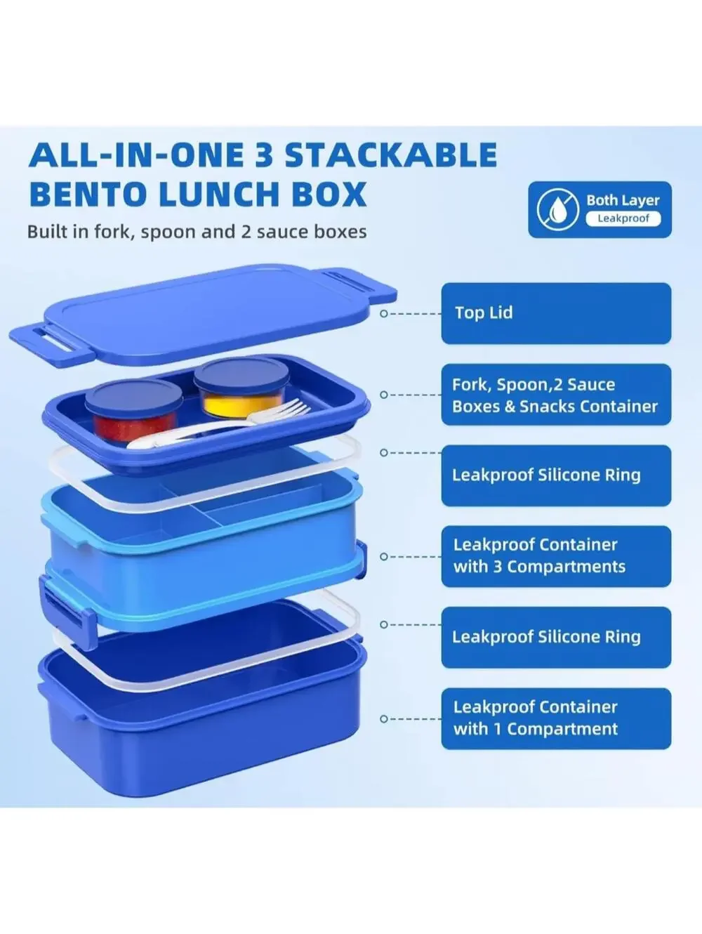 Stackable Bento Lunch Box Set with Insulated Carry Bag, Blue and Gray